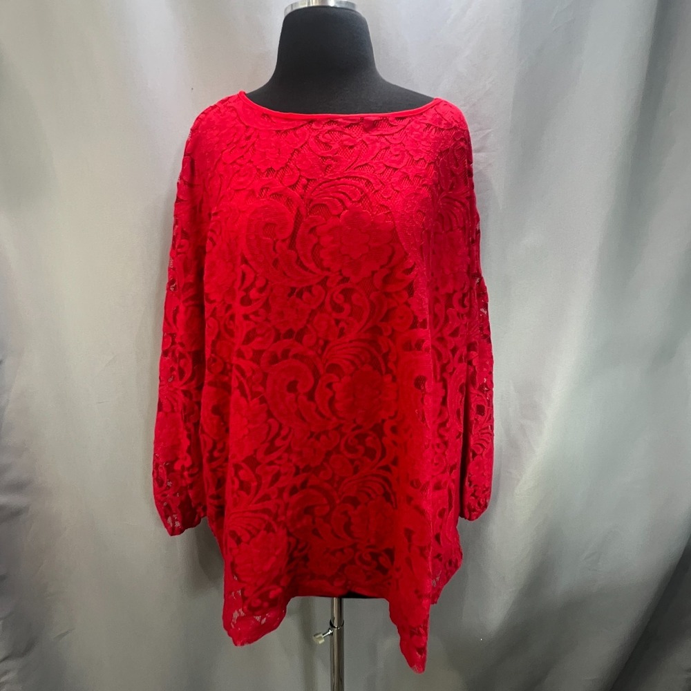 Liz Claiborne Career Blouse Top Womens 5X Red Paisley Lace Detail Keyhole Back